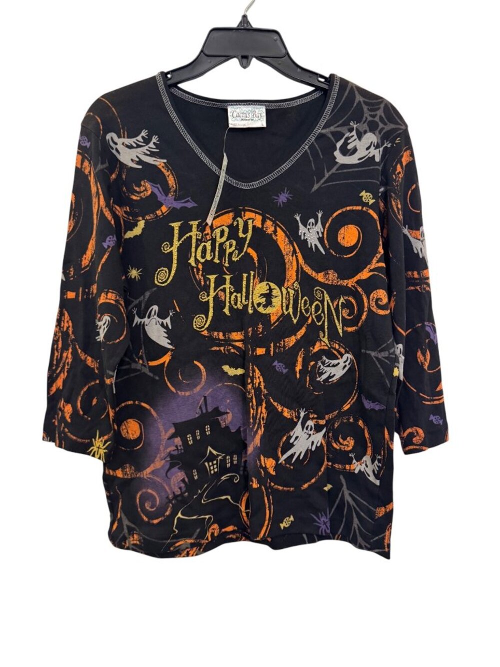 Cactus Bay Halloween Top Black Orange Ghosts Glitter Cotton Large USA Made